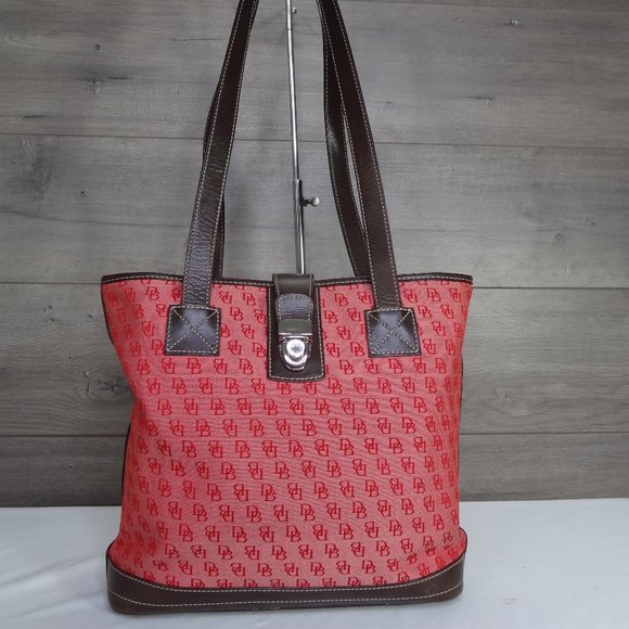 Dooney & Bourke Handbags - Vintage Dooney & Bourke Red DB Signature Canvas Leather Tote Shoulder Bag